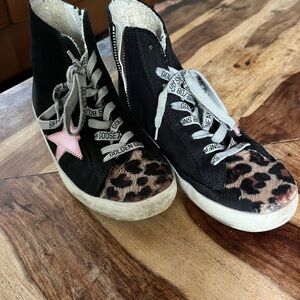 Golden Goose Black Sneakers with Pink Star and Leopard Print